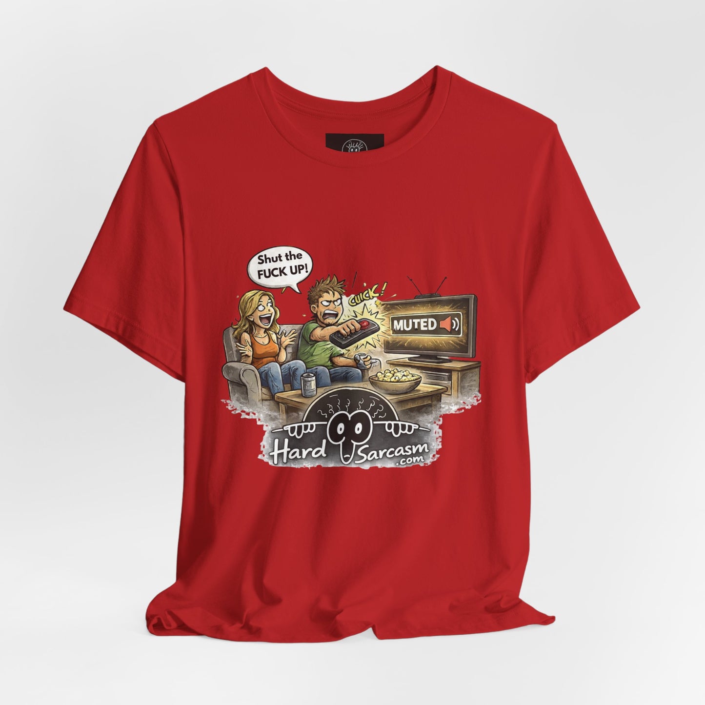 Hard Sarcasm TV Night T-Shirt | Funny Muted Remote Cartoon Tee | Great way to tell her to shut up |