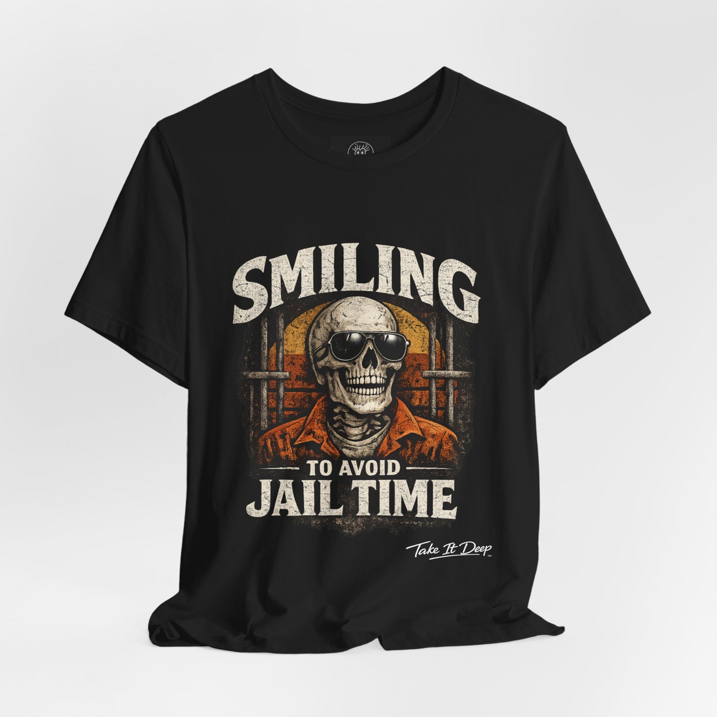 Smiling to Avoid Jail Time | Funny Skeleton Shirt  with sunglasses | Sarcastic Adult Humor Graphic
