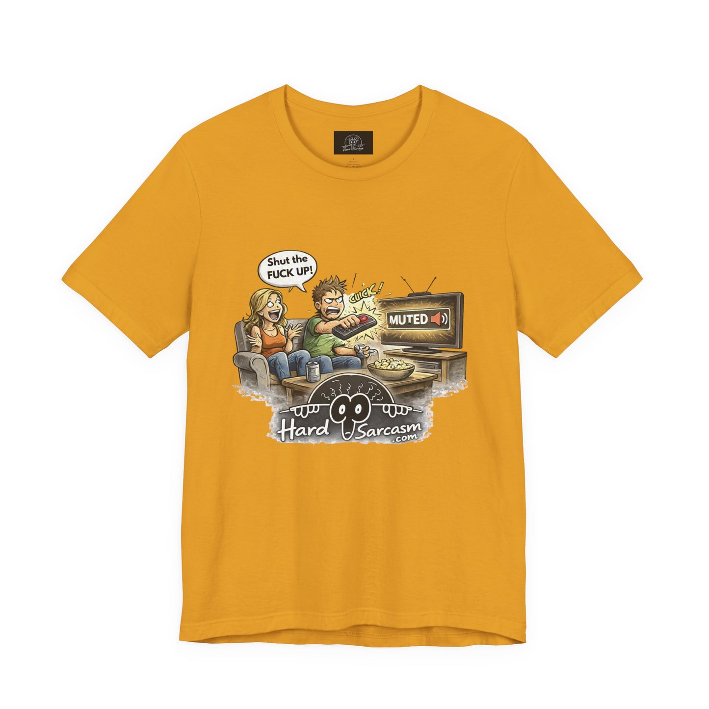 Hard Sarcasm TV Night T-Shirt | Funny Muted Remote Cartoon Tee | Great way to tell her to shut up |
