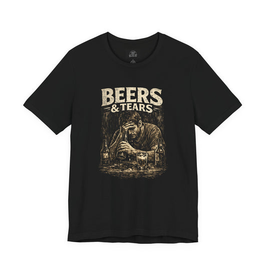 Beers & Tears Tee | Distressed Man Drinking, vintage bar artwork