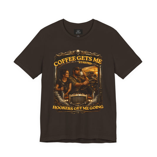 Mature Shirt | Coffee Gets Me Going Tee — Vintage Coffee Lovers Graphic T Shirt