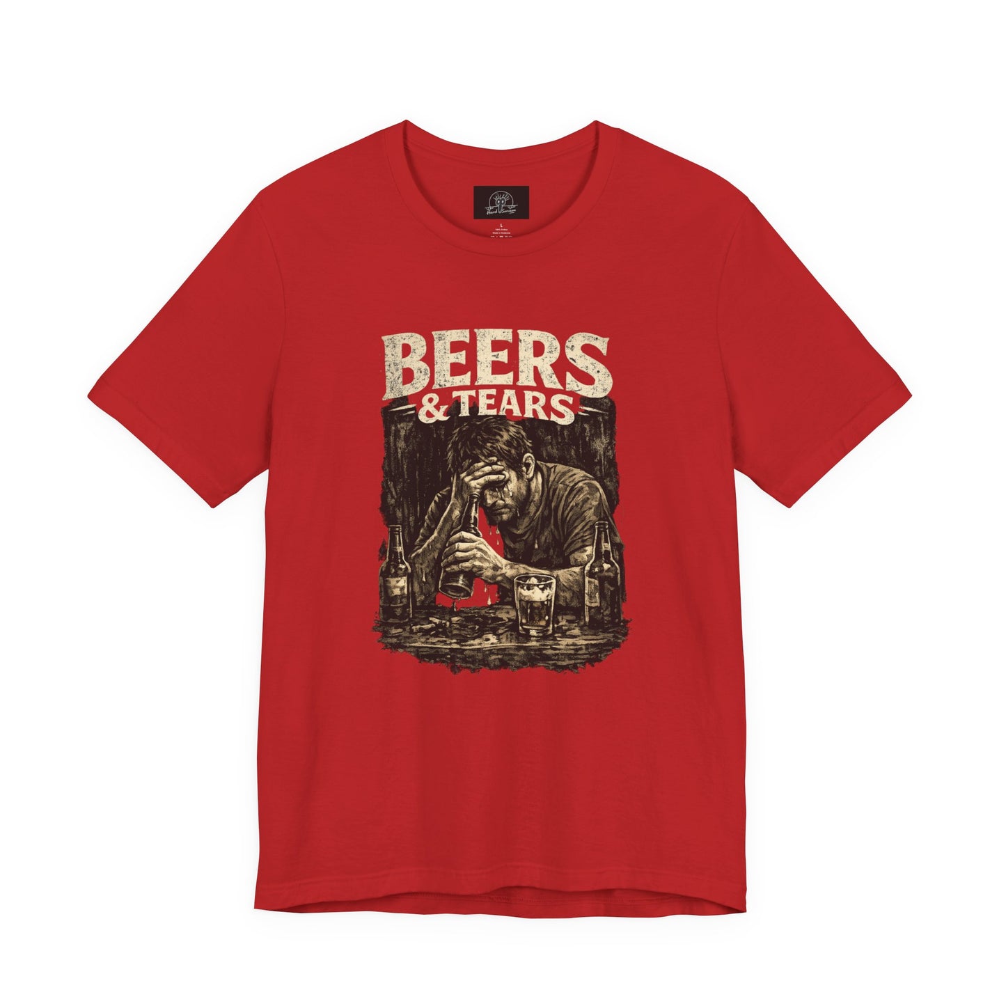 Beers & Tears Tee | Distressed Man Drinking, vintage bar artwork