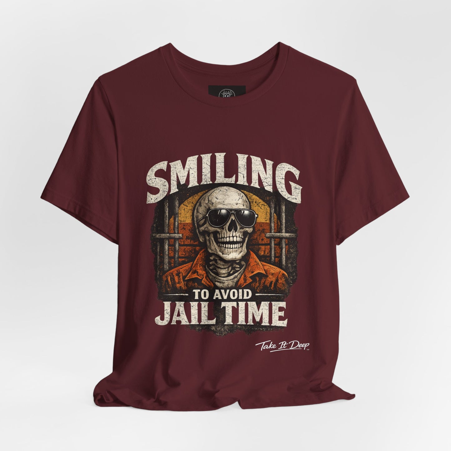 Smiling to Avoid Jail Time | Funny Skeleton Shirt  with sunglasses | Sarcastic Adult Humor Graphic