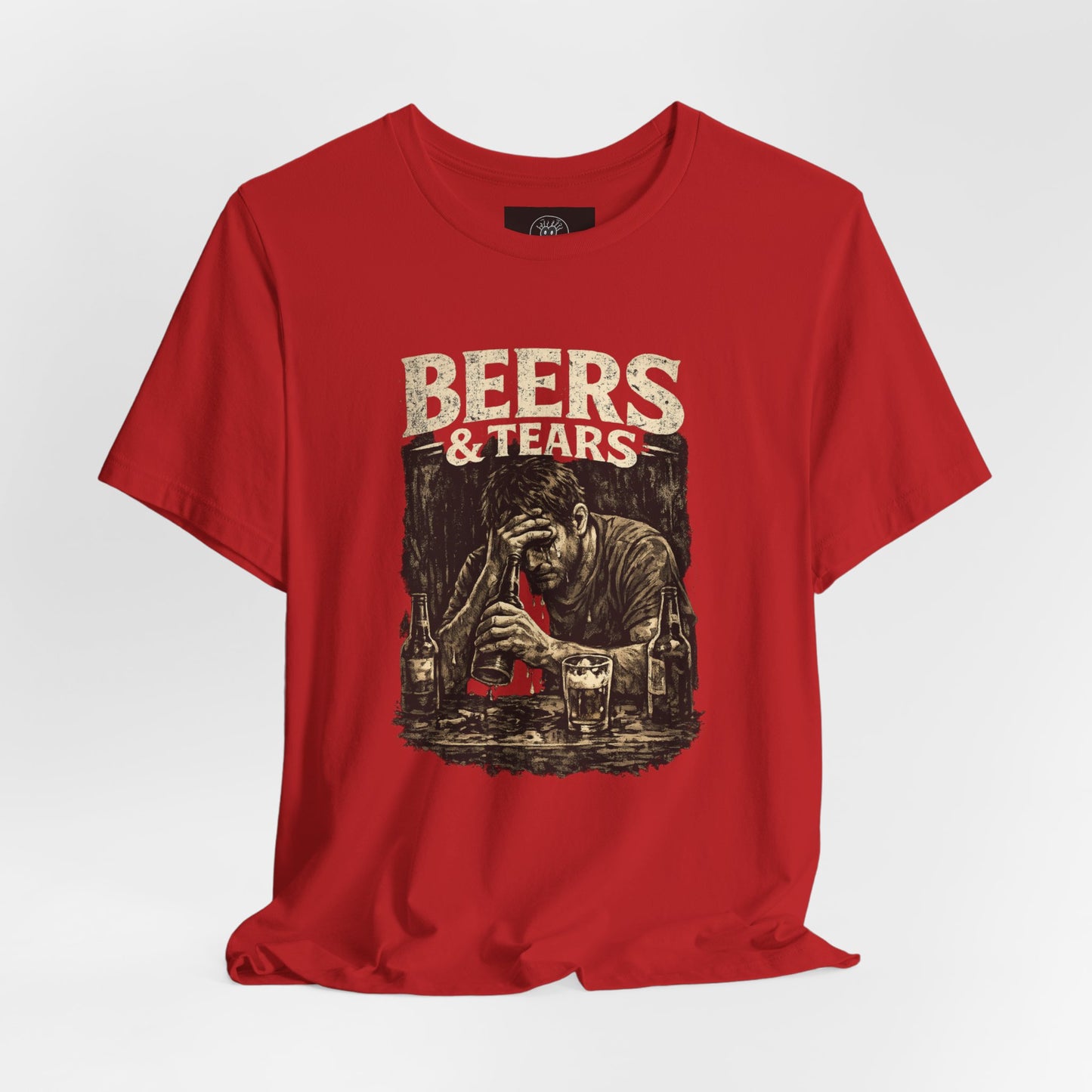 Beers & Tears Tee | Distressed Man Drinking, vintage bar artwork