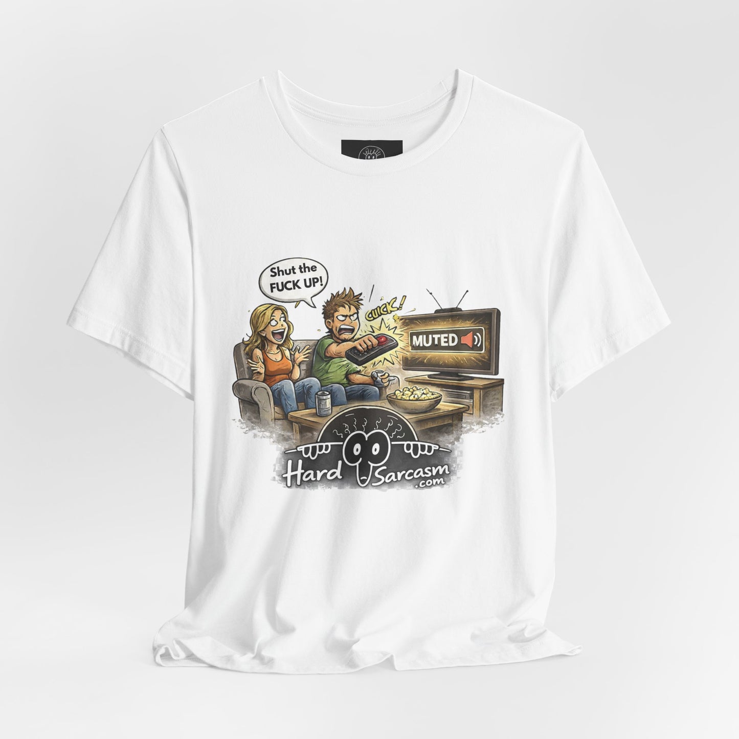 Hard Sarcasm TV Night T-Shirt | Funny Muted Remote Cartoon Tee | Great way to tell her to shut up |