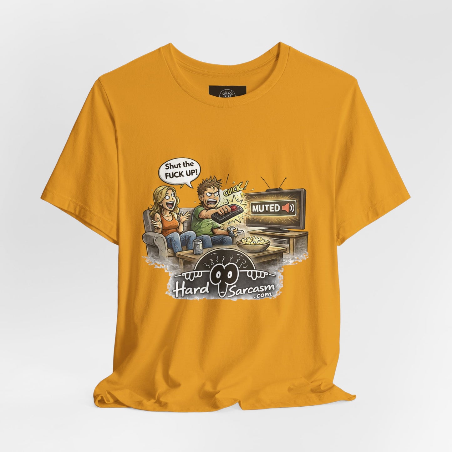 Hard Sarcasm TV Night T-Shirt | Funny Muted Remote Cartoon Tee | Great way to tell her to shut up |