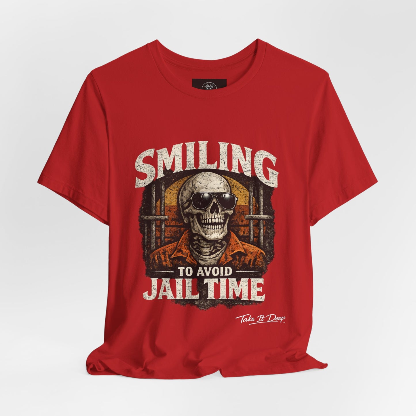Smiling to Avoid Jail Time | Funny Skeleton Shirt  with sunglasses | Sarcastic Adult Humor Graphic